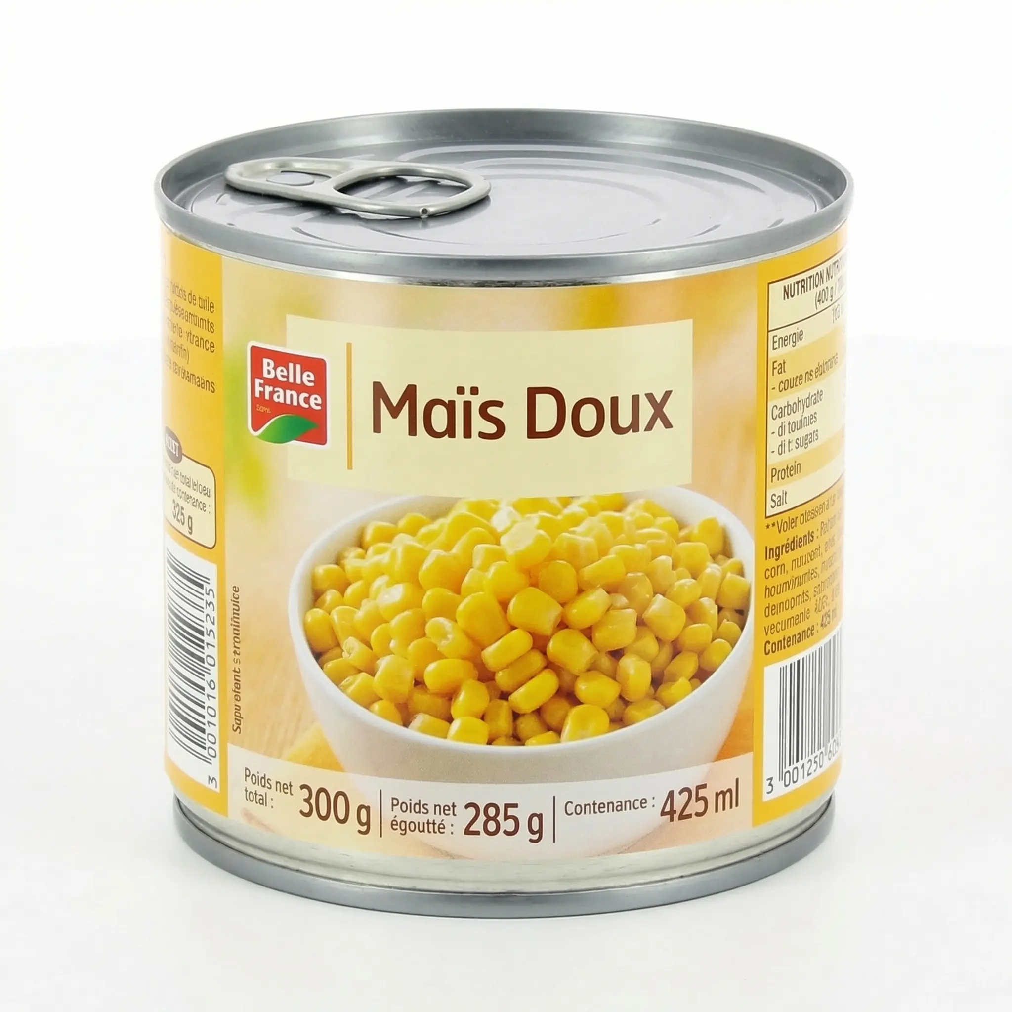 Profil latéral boîte maïs Belle France 300g étiquette nette